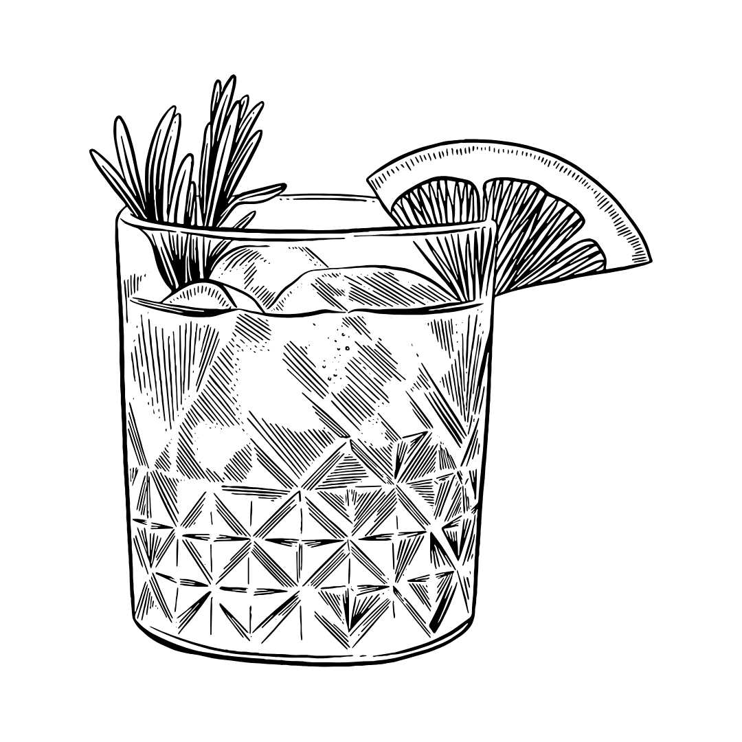 Hand-drawn cocktail glass with citrus and herbs – Banana Baya signature drink illustration